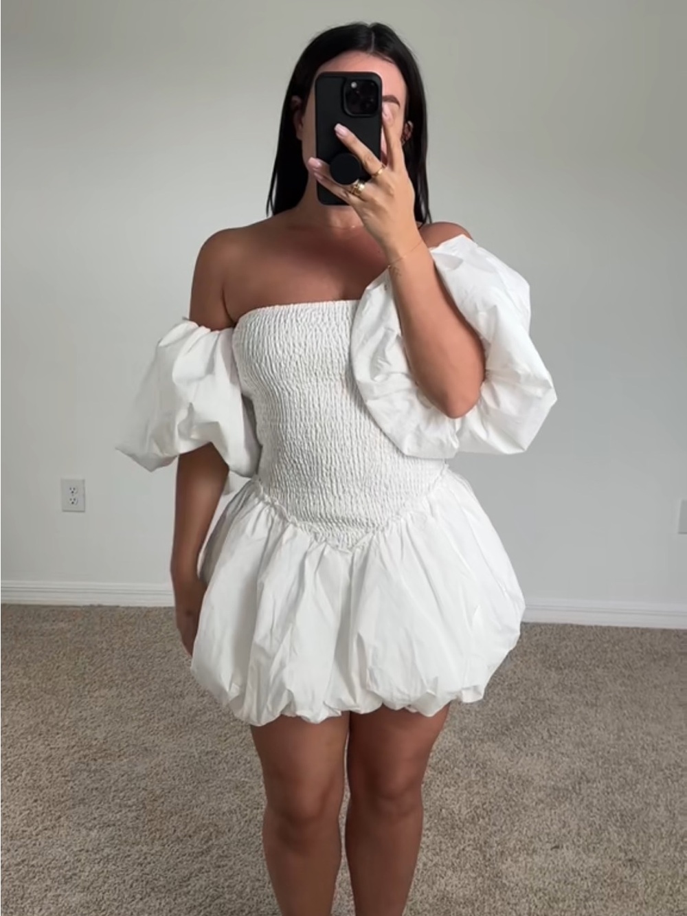 Wanderdoll Off-Shoulder White Smocked Puff-Sleeve Mini Dress